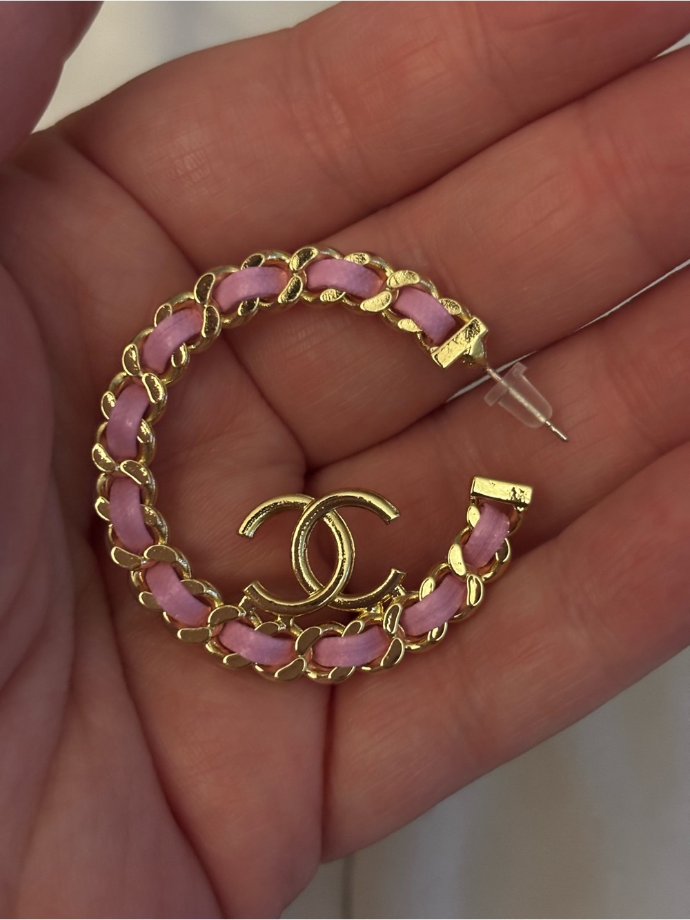 Pink and Gold Interlaced CC Hoop Earrings - Picture 3 of 3